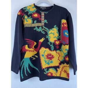 Vtg THEOmiles Sz LP Black LS Embroidered Seed Beads Gold Thread Phoenix Sweater